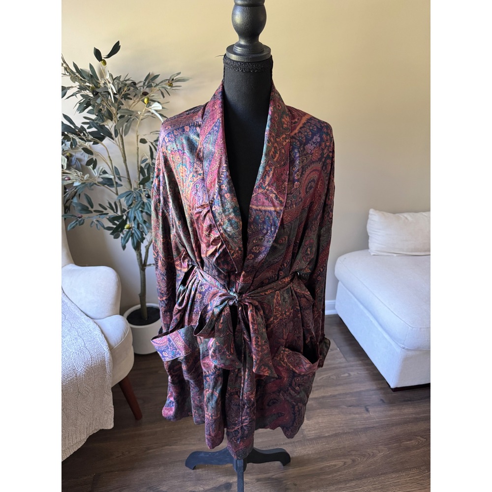 Vintage Victoria's Secret 100% Silk Paisley Robe and Shorts Set Purple Gold P/S